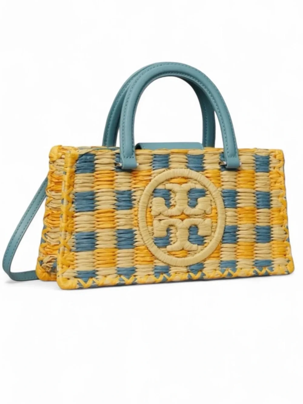 Tory Burch Ella Woven Raffia Satchel Deep Turquoise NWT